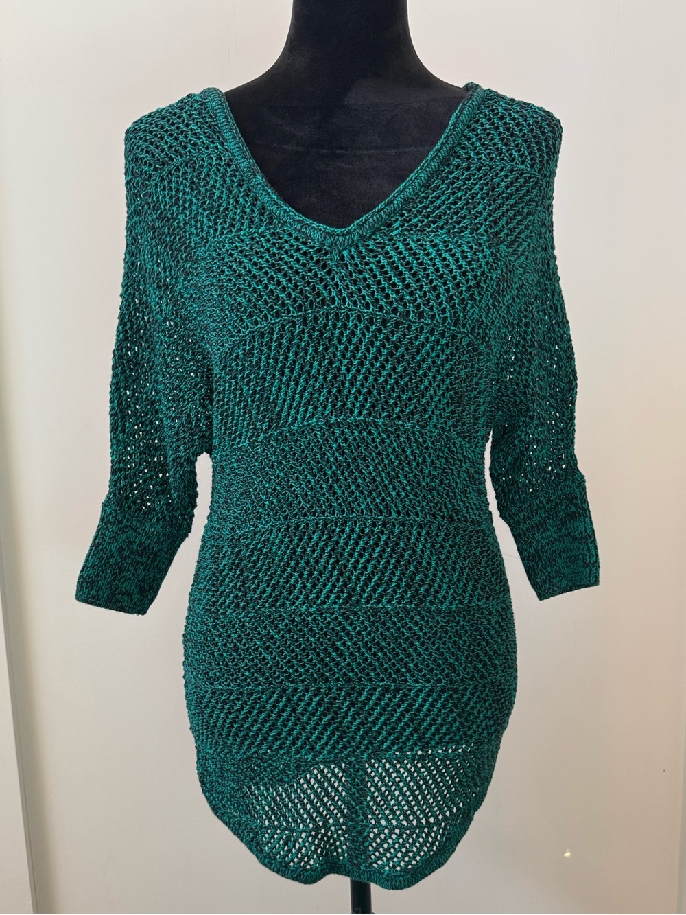 Express Women’s V-Neck Open Knit Sweater Tunic in Teal